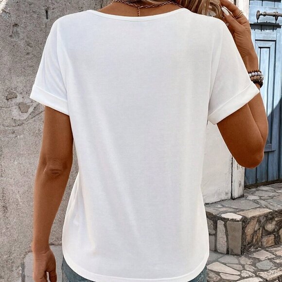 White Casual Women's Solid Color Short Sleeve T-Shirt With Asymmetric Neckline - Picture 2 of 7